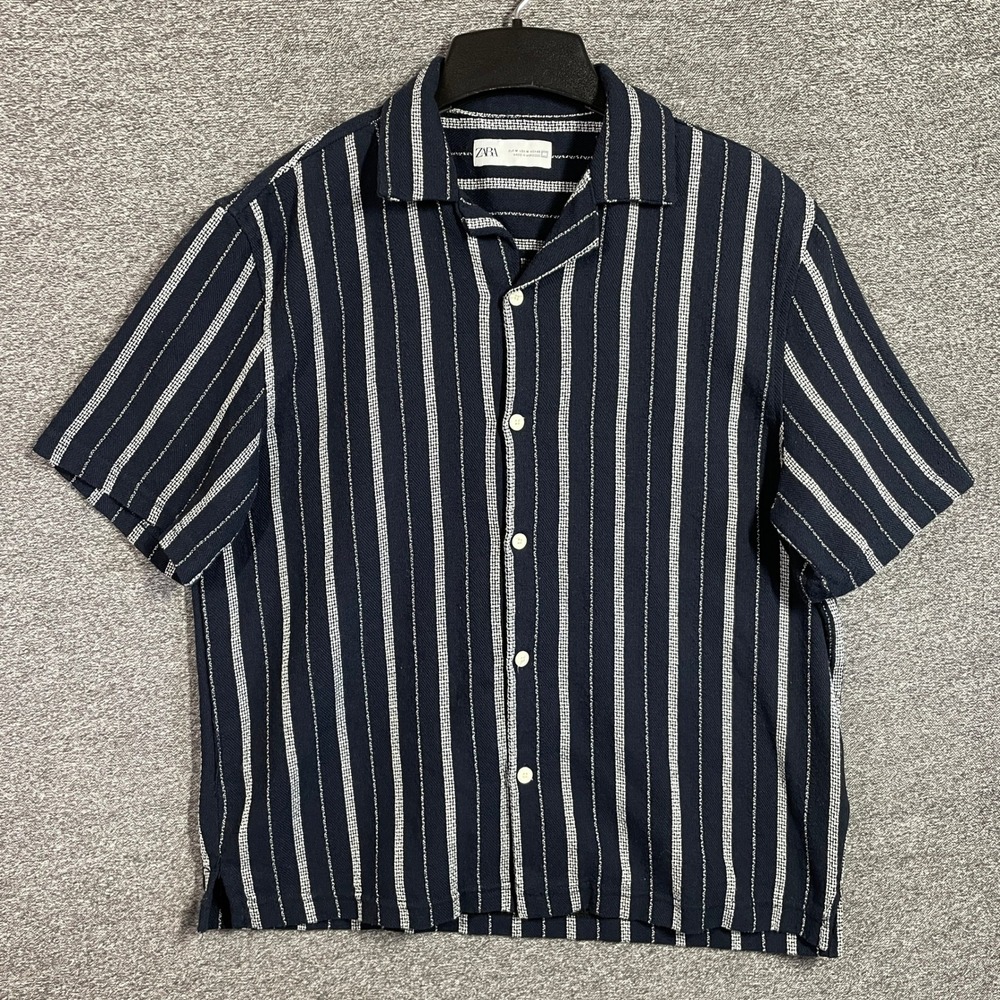 Zara Mens Navy White Textured Vertical Stripe Short Sleeve Button Up Shirt M